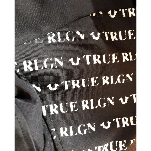 True Religion Y2K Womens XS Monogram Graphic Logo Hooded Gold Zip Jacket Black - Picture 3 of 7
